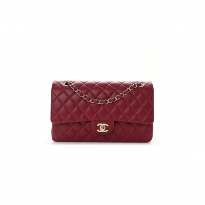 CHANEL CALFSKIN QUILTED MEDIUM DOUBLE FLAP DARK RED ROSE GOLD HARDWARE (25*15*6cm)